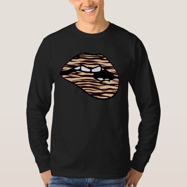 Lips Biting Mouth Tiger Print Women Cute Graphic T-Shirt (Front)