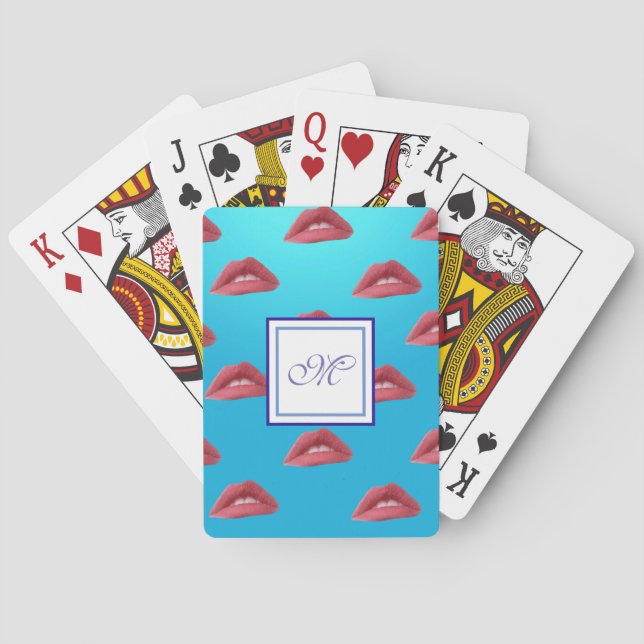 Lips & Blue Background Monogram Poker Cards (Back)
