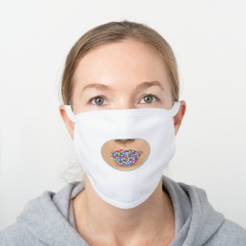 Lips decorated with multicolored balloons white cotton face mask