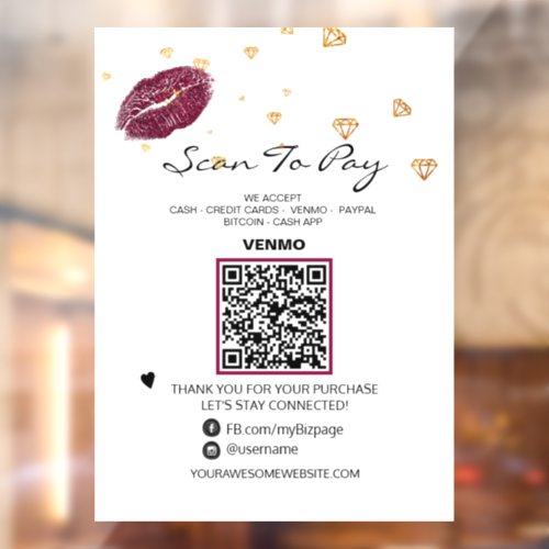  LIPS DIAMONDS Scan to PAY  QR code  Window Cling