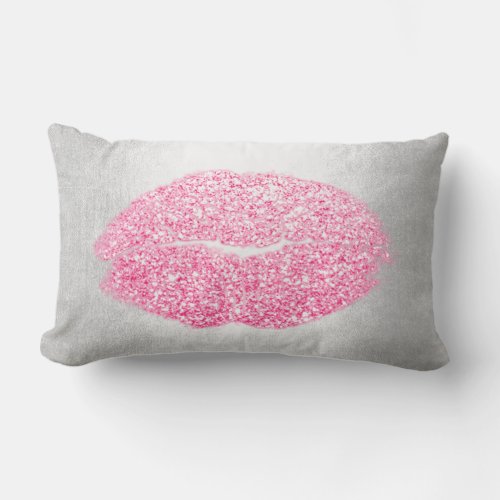 Lips Glitter Gray Candy Pink Makeup Kiss Silver Lumbar Pillow