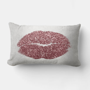 Lips Glitter Gray Maroon Blush Makeup Kiss Silver Lumbar Pillow