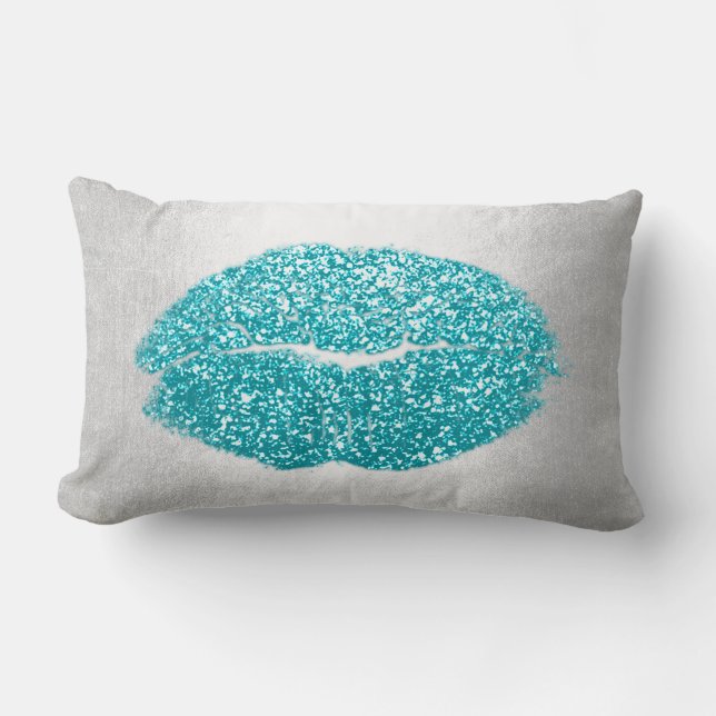 Lips Glitter Gray Ocean Turquoise Makeup Kiss Sky Lumbar Pillow (Front)