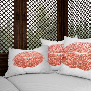 Lips Glitter Gray Peach Gold Makeup Kiss Copper Lumbar Pillow