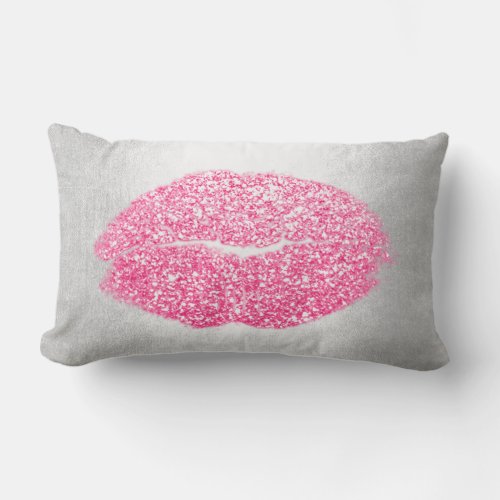 Lips Glitter Gray Peony Pink Makeup Kiss Silver Lumbar Pillow
