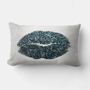 Lips Glitter Gray Teal Black Makeup Kiss Sky Lumbar Pillow