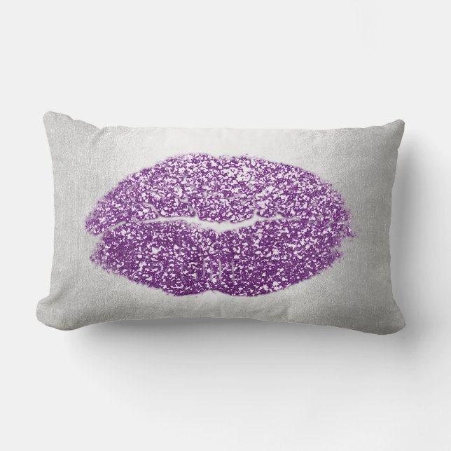 Lips Glitter Gray Violet Purple Makeup Kiss Sky Lumbar Pillow (Front)