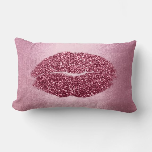 Lips Glitter Maroon Peony Burgundy  Makeup Kiss Lumbar Pillow (Front)