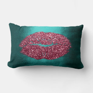 Lips Glitter Maroon Teal Burgundy  Makeup Kiss Lumbar Pillow