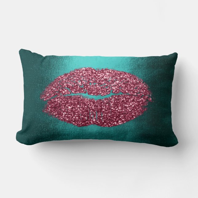Lips Glitter Maroon Teal Burgundy  Makeup Kiss Lumbar Pillow (Front)