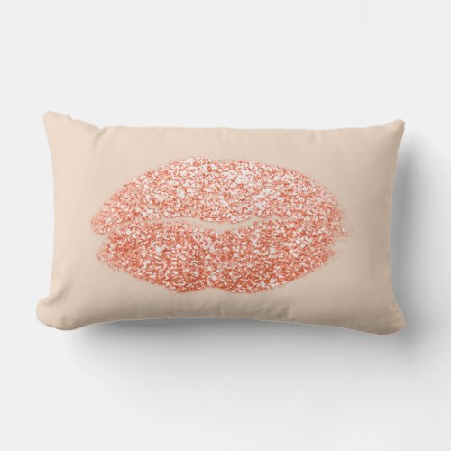 Lips Glitter Pastel Creamy Coral Peach Makeup Kiss Lumbar Pillow