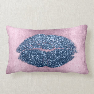 Lips Glitter Pink Grungy Denim Makeup Kiss Silver Lumbar Pillow