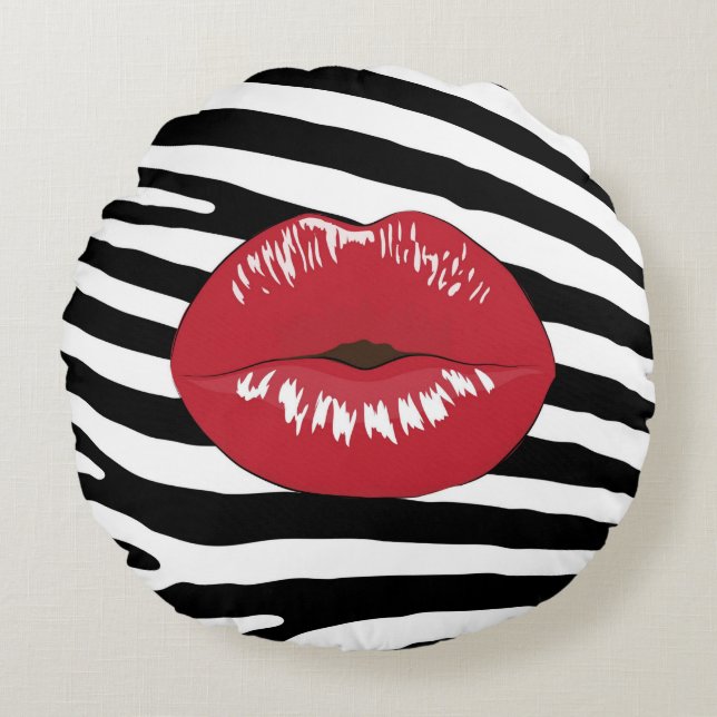 Lips kiss fashion beauty makeup glamour zebra round pillow (Front)