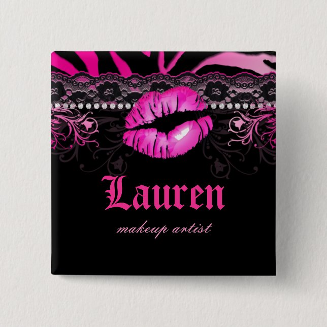 Lips Lace n Diamonds Zebra Makeup Artist Pink Pinback Button (Front)