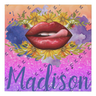Lips Licking Custom Glitter Name Personalized Faux Canvas Print