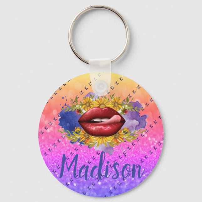 Lips Licking Custom Glitter Name Personalized Keychain (Front)