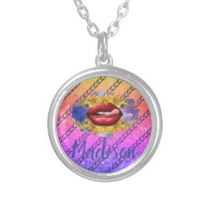 Lips Licking Custom Glitter Name Personalized Silver Plated Necklace