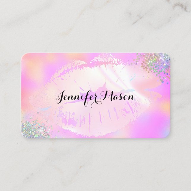 Lips Makeup Artist Holographic Glitter Pink Business Card (Front)