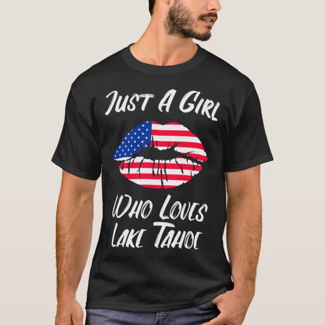 Lips Mouth Love American Flag Lake Tahoe T-Shirt (Front)