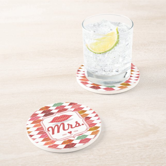 Lips Mrs. Hipster Vintage Retro Bride Drink Coaster (Side)