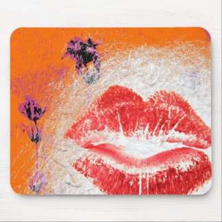 Lips on Orange Background Purple Flowers Mouse Pad