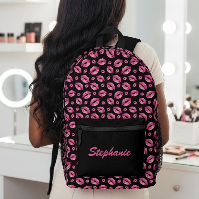 Lips Pattern Cute Pink & Black Printed Backpack (Lips Pattern Cute Pink & Black Printed Backpack
)