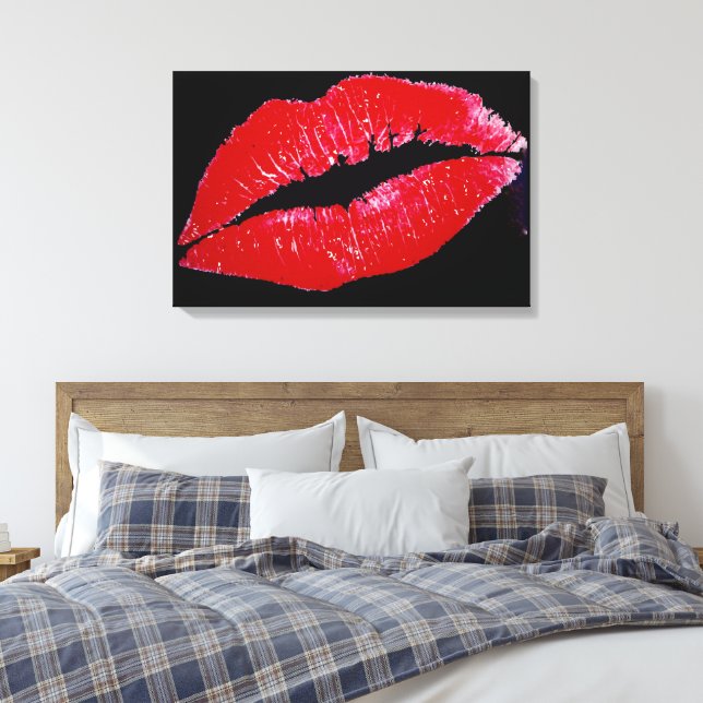 Lips (Red) on Black Background Wrapped Canvas Print (Insitu(Bedroom))