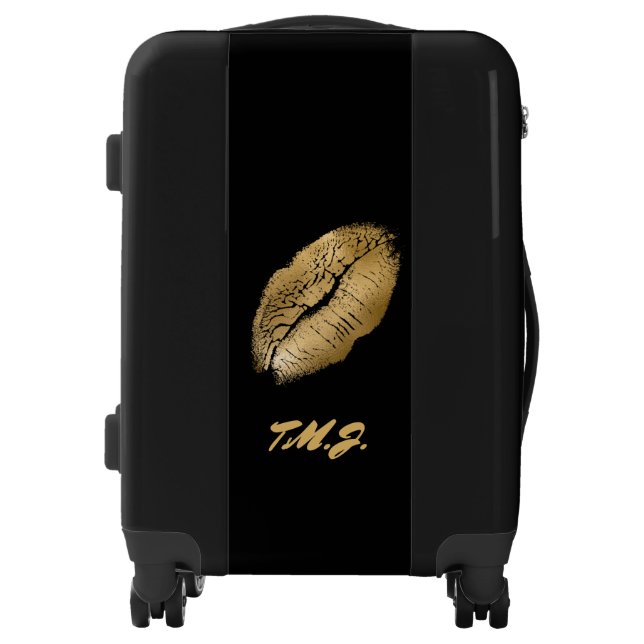 Lips so sassy black and gold monogram luggage (Front)