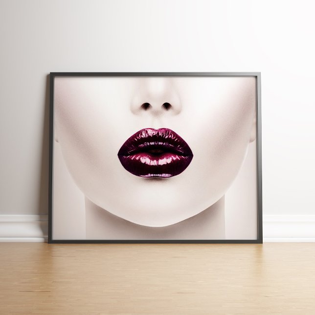 Lips with Red Metallic Lipstick Fashion Print (Lips with Red Metallic Lipstick Fashion Print in a black frame.)