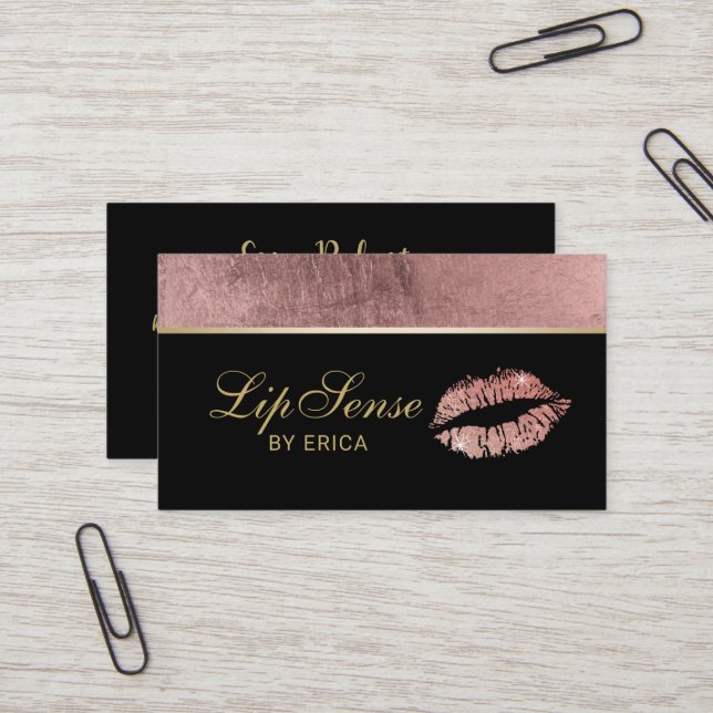 Lipsense Makeup Artist Rose Gold Lips Social Media Business Card (Front/Back In Situ)