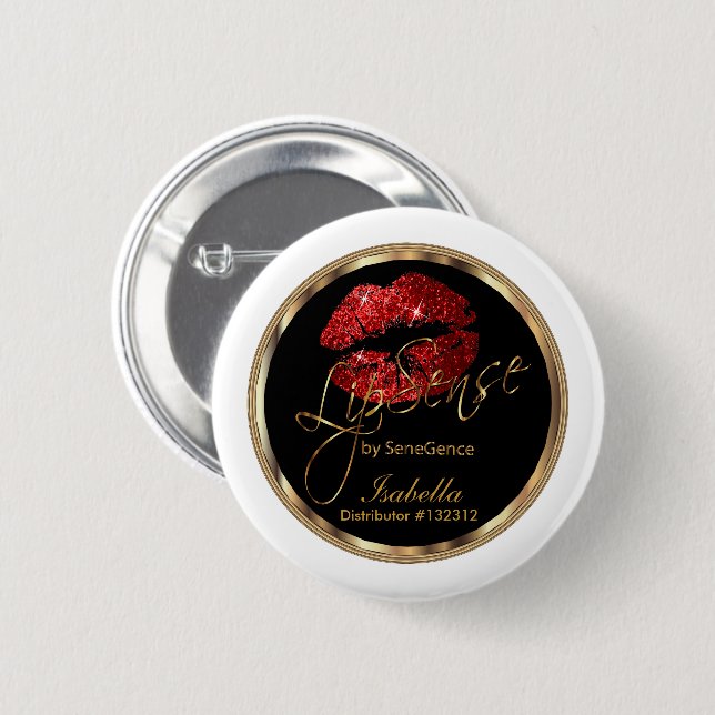 Lipsense - Red Glitter On Black & White Pinback Button (Front & Back)