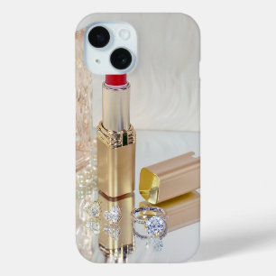 Lipstick and diamond ring on mirror iPhone 15 case