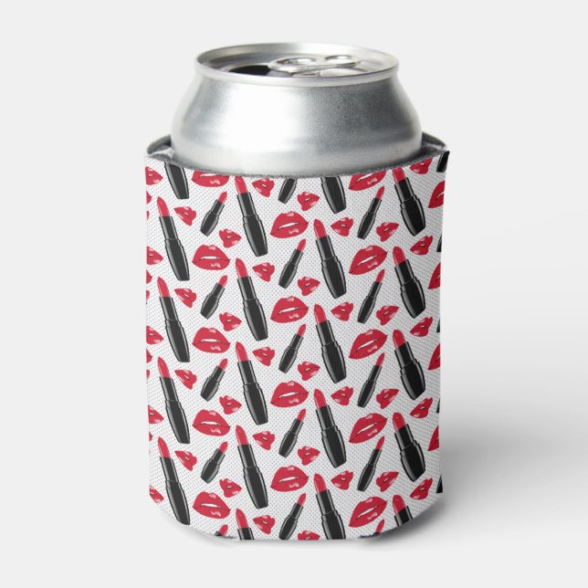 Lipstick And Lips Polka Dot Pattern Can Cooler (Can Front)