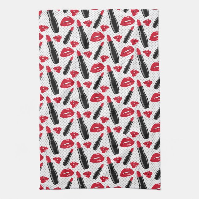 Lipstick And Lips Polka Dot Pattern Kitchen Towel (Vertical)