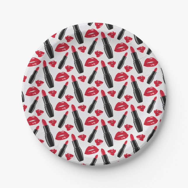 Lipstick And Lips Polka Dot Pattern Paper Plates (Front)