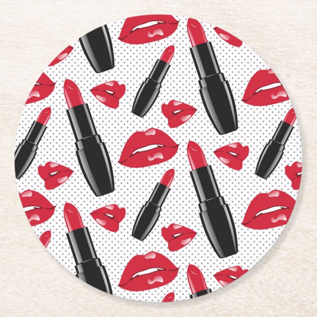 Lipstick And Lips Polka Dot Pattern Round Paper Coaster (Front)