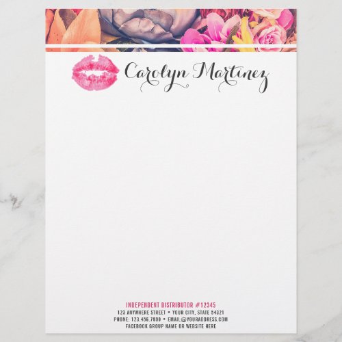 Lipstick Distributor Marketing Floral Kiss Lips Letterhead