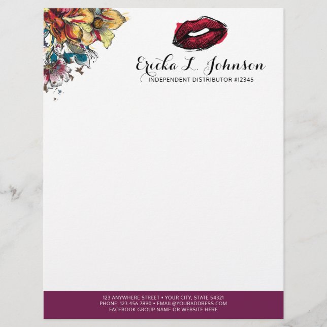 Lipstick Distributor Modern Floral Kiss Marketing Letterhead (Front)