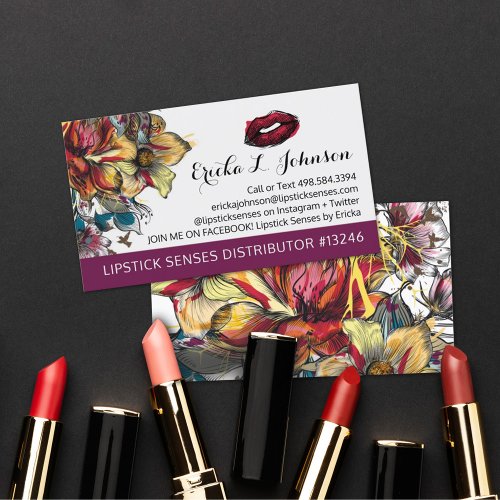 Lipstick Distributor Modern Floral Kiss Plain Back Business Card