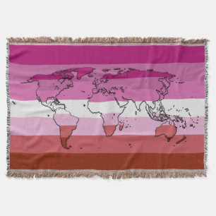 Lipstick esbian pride flag with the world map thro throw blanket