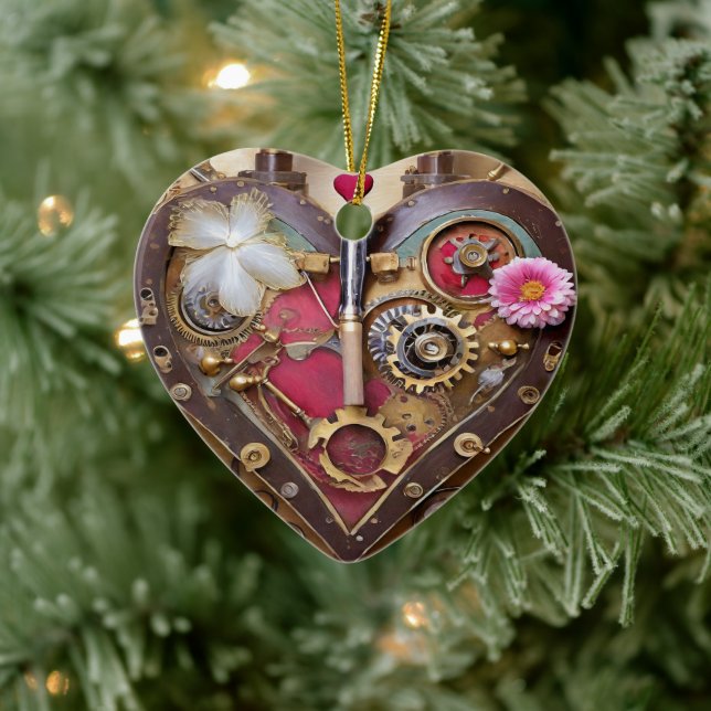 Lipstick Flowers Heart Steampunk Series Ceramic Ornament (Tree)
