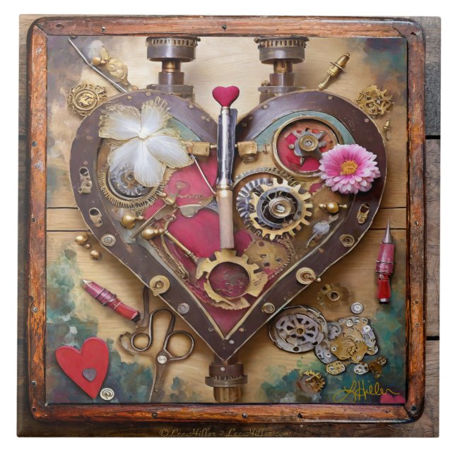 Lipstick Flowers Heart Steampunk Series Ceramic Tile (Front)