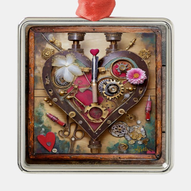 Lipstick Flowers Heart Steampunk Series Metal Ornament (Front)