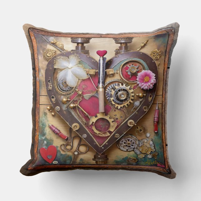 Lipstick Flowers Heart Steampunk Series Throw Pillow (Front)