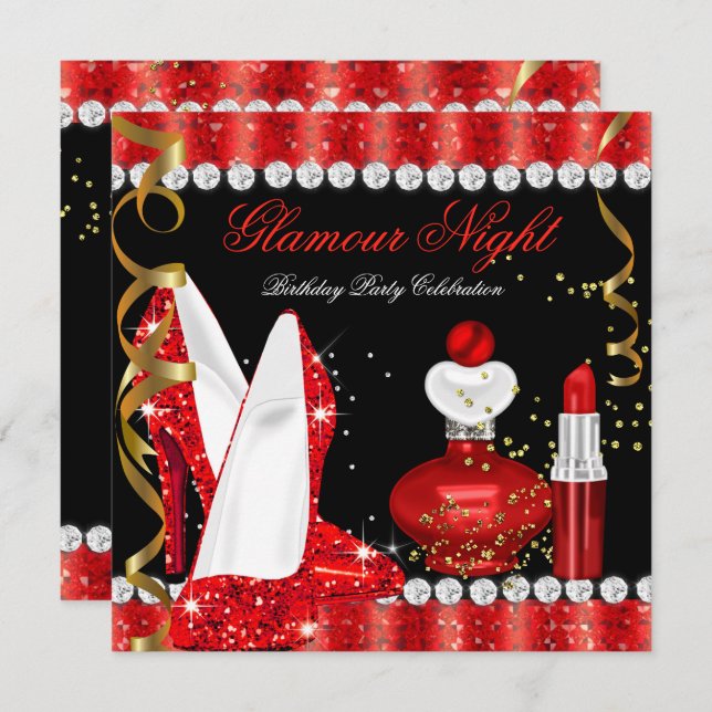 Lipstick Glitter Glamour Night Red Gold Invitation (Front/Back)