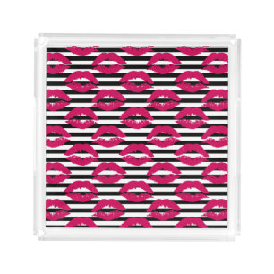 Lipstick Kiss B&W Striped Pattern Acrylic Tray