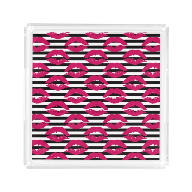 Lipstick Kiss B&W Striped Pattern Acrylic Tray (Front)