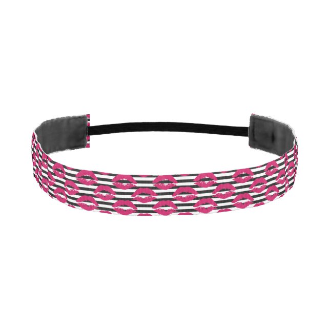 Lipstick Kiss B&W Striped Pattern Athletic Headband (Front)