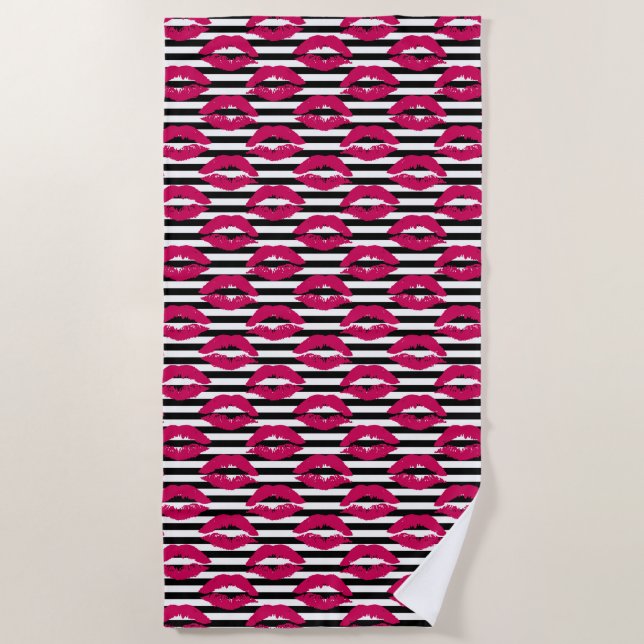 Lipstick Kiss B&W Striped Pattern Beach Towel (Front)
