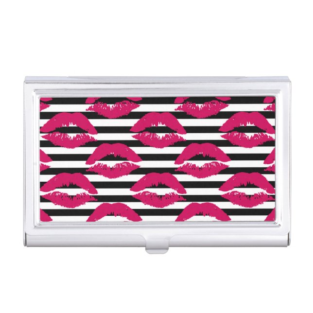 Lipstick Kiss B&W Striped Pattern Business Card Case (Front)